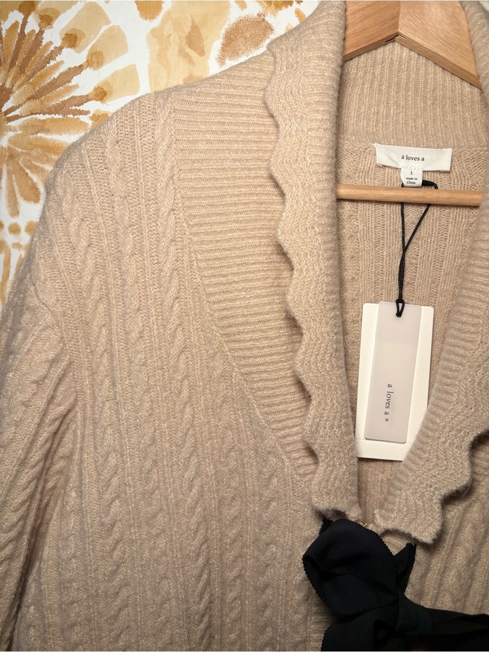 Love A Beige Romantic Cardigan L Black Bow Coquette Boho Cottagecore Preppy - Picture 8 of 12